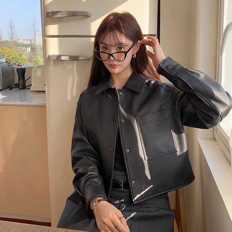 Harajuku Black Moto Pu Jacket Women Design Long Sleeve Biker Coat Vintage Streetwear Female Loose Autumn All Match OutwearT251017