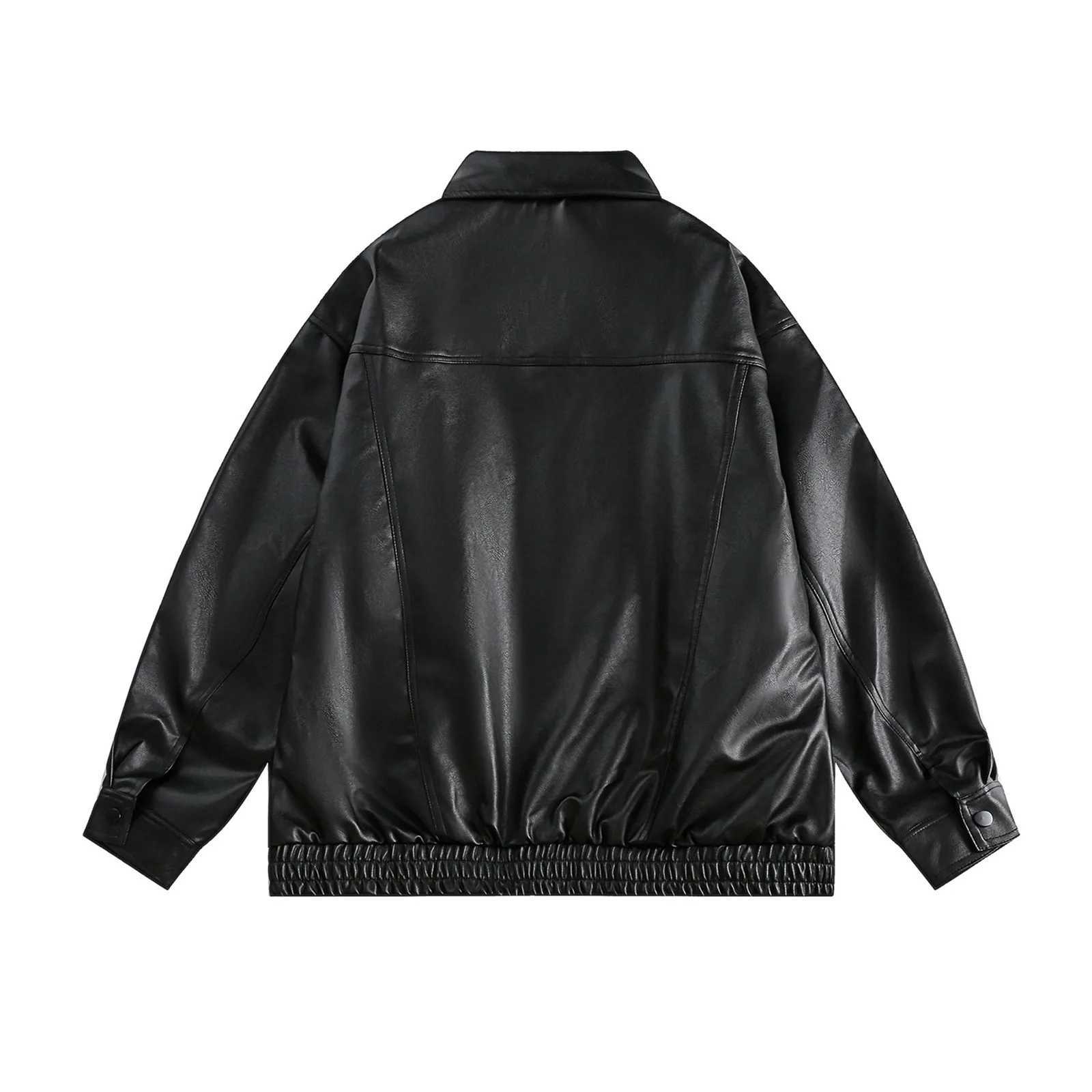 Oversize Black PU Leather Jackets Womens Dropped Shoulder Zip Up Button Down Motorcycle Coats Outwear Streetwear Bomber JacketsT251017