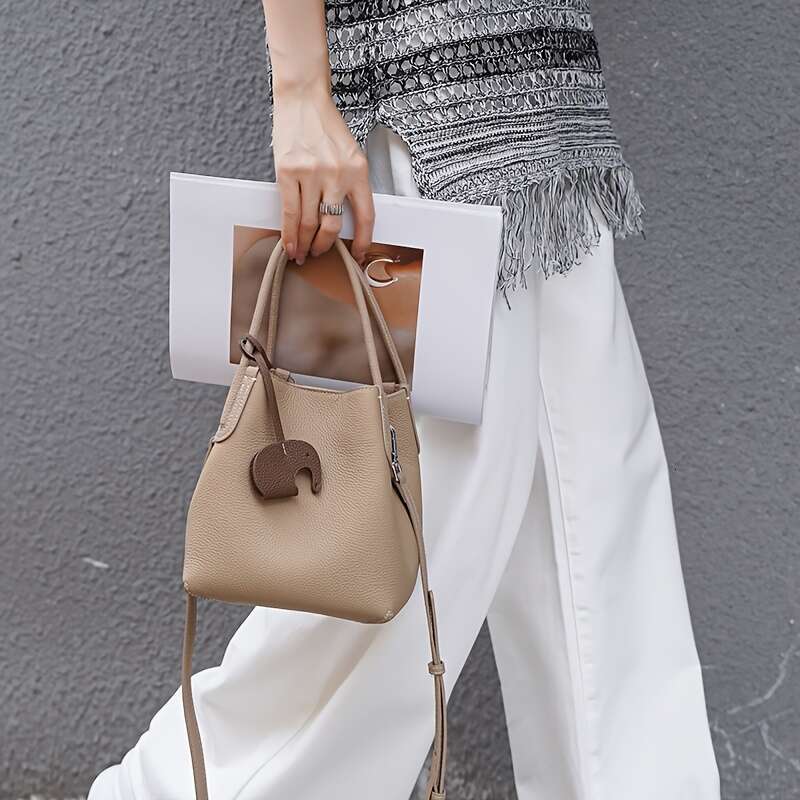 Women's Genuine Leather Top Layer Cowhide Bucket Convertible Handbag Crossbody Bag With Detachable Strap, Elegant Simple Design, Snap Closure, Su