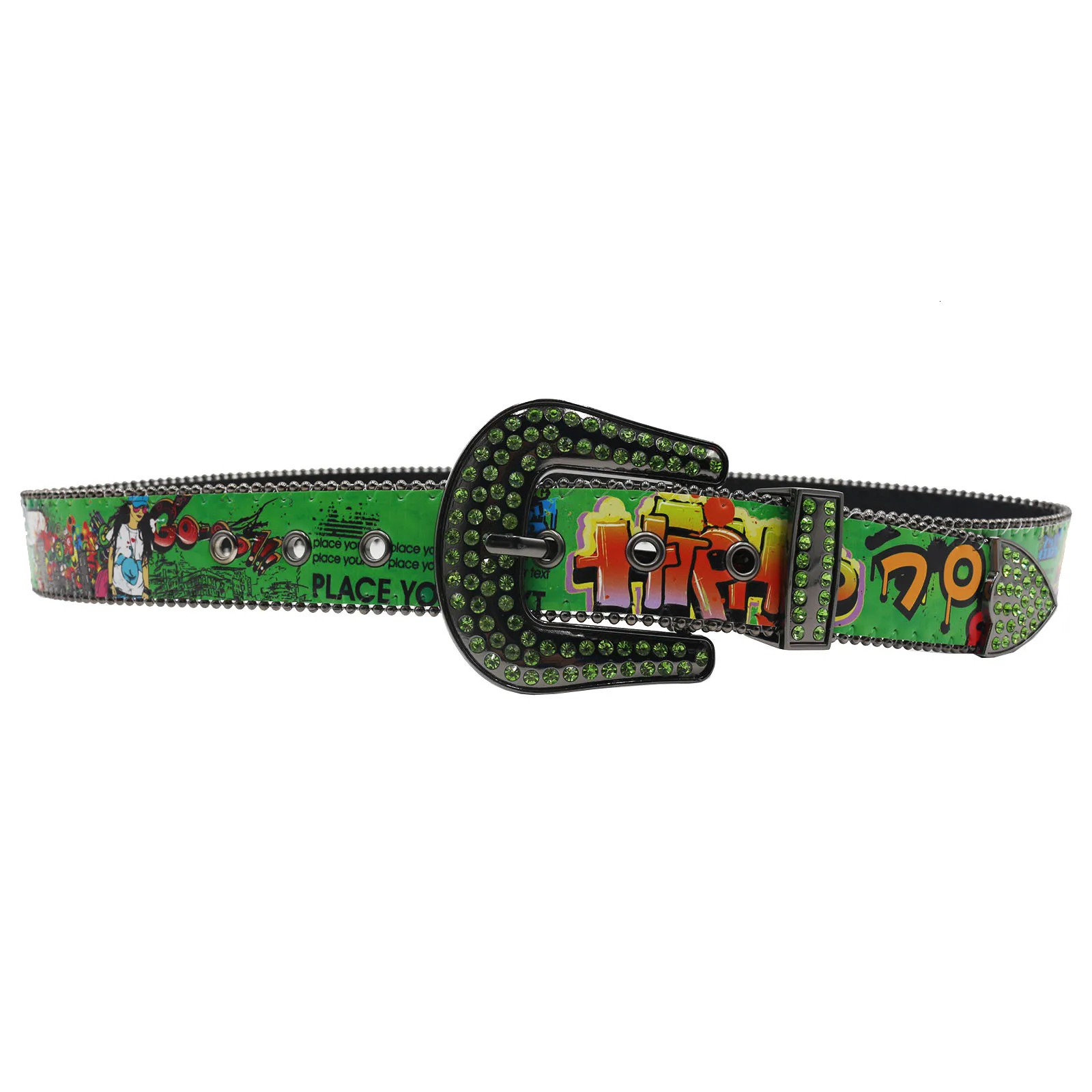 Shiny Pu leather belt Green Drip graffiti intersection Casual hip Hop allinone belt with rhinestone Ladies Fashion belt 251010