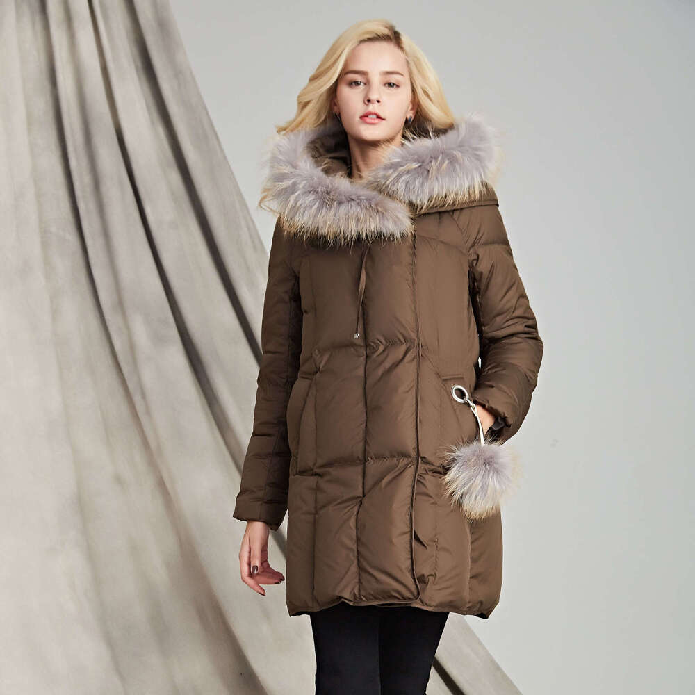 Winter New Goose Loose Style White Raccoon Fur Collar Thickened Down Jacket Women's Warmth