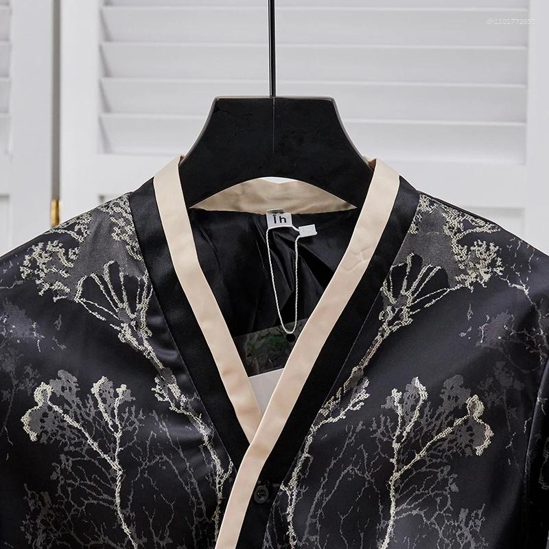 Women's Jackets Vintage Chinese Style Jacket Jacquard Acetate V-Neck Lace-up Top Celebrity Party Autumn Fashion Chic Cardigan Black Coat