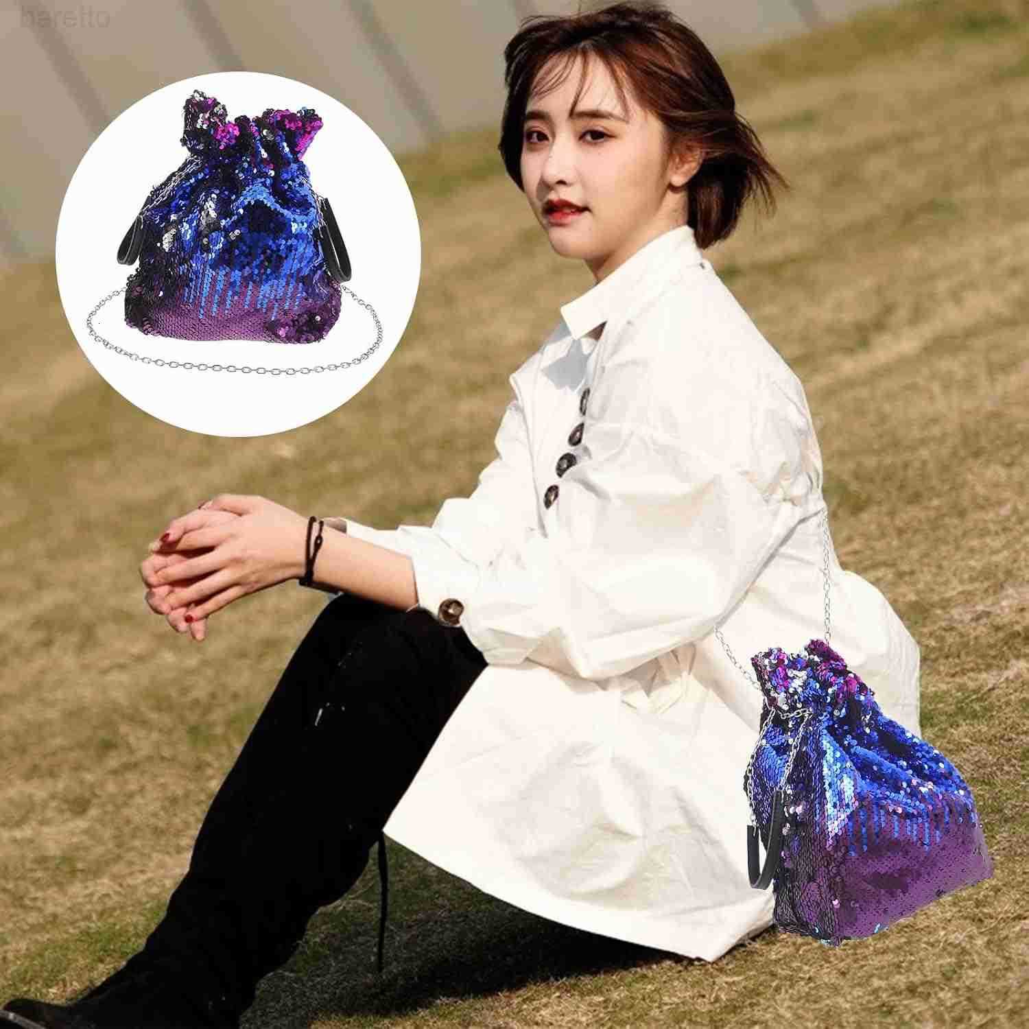 Purse for Women Glitter Sequin Cluth Bling Bucket Bag Stylish Shoulder Bag with Tassel Chain Party Tote Handbag Blue 75 x 39 x 10 inch Z251017