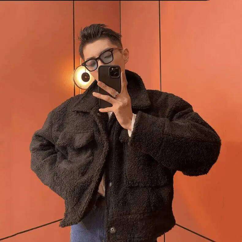 New Men's Lamb Plush Jacket Cotton Thick Winter Short Loose Trendy Baseball Clothing Couple Outfit Popular Trend A210 Down Jacket