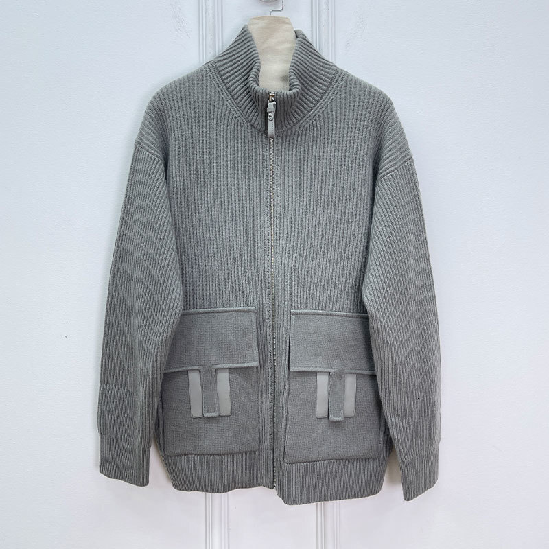 Luxury Designer Women's Cashmere Zip Up Coat Classic Simple High Neck Notch Collar Long Sleeve Loose Knit Cardigan Multiple Colors Two Pockets Wa