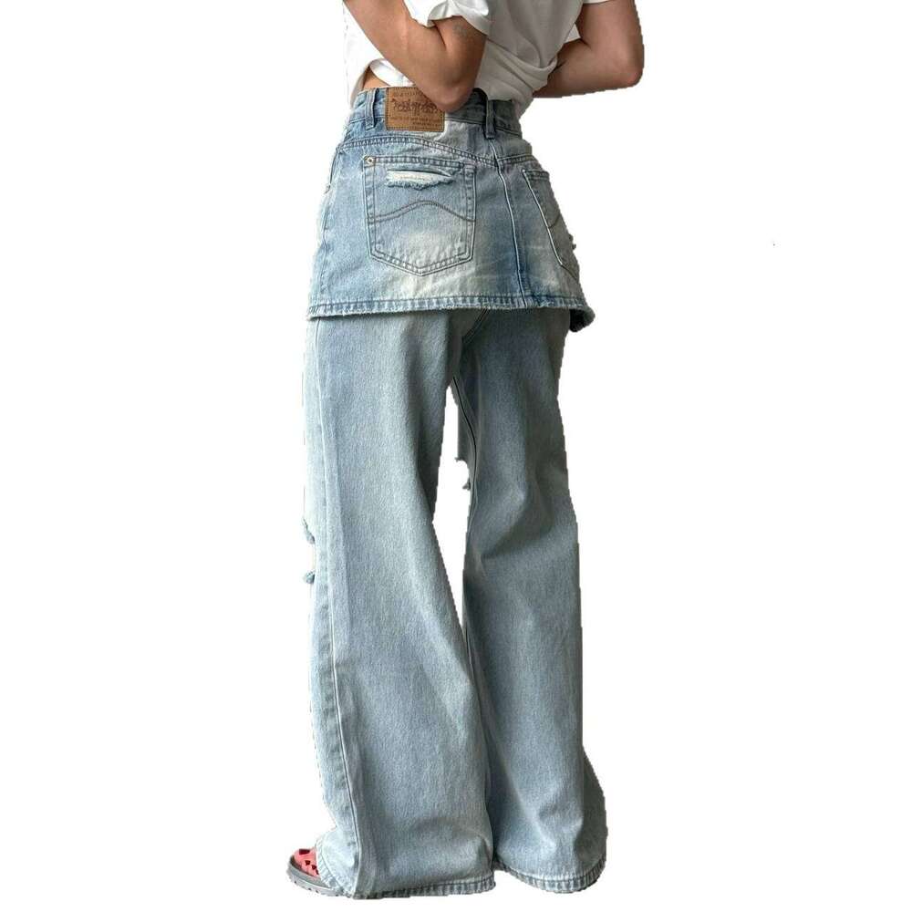 Fashion Side Zipper Fake Two-Piece Jeans Patchwork Washed High Waist Irregular Eight-Point Wide-Leg Autumn Winter B5