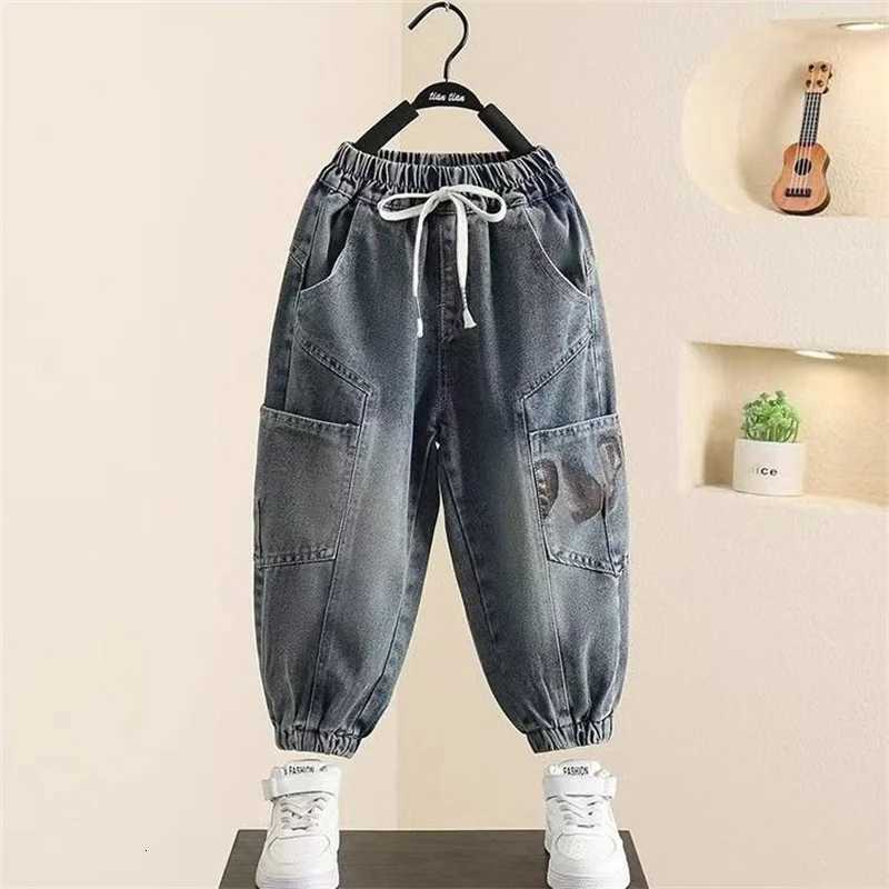 Autumn Kids Boys Jeans Letter Print Elastic Waistline Denim Cargo Pants Solid Color Street Sports Trousers Spring ClothesT251017
