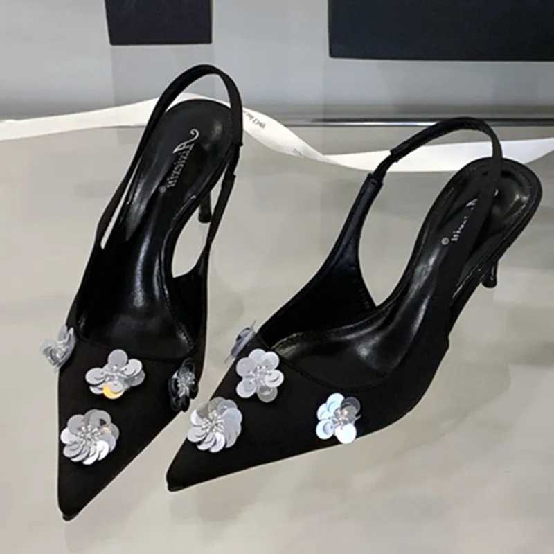 Summer Bling Applique Design Thin High Heels Women Sexy Pointed Toe Satin Back Strap Heeled Sandals Elegant Banquet Dress Shoes Z251015