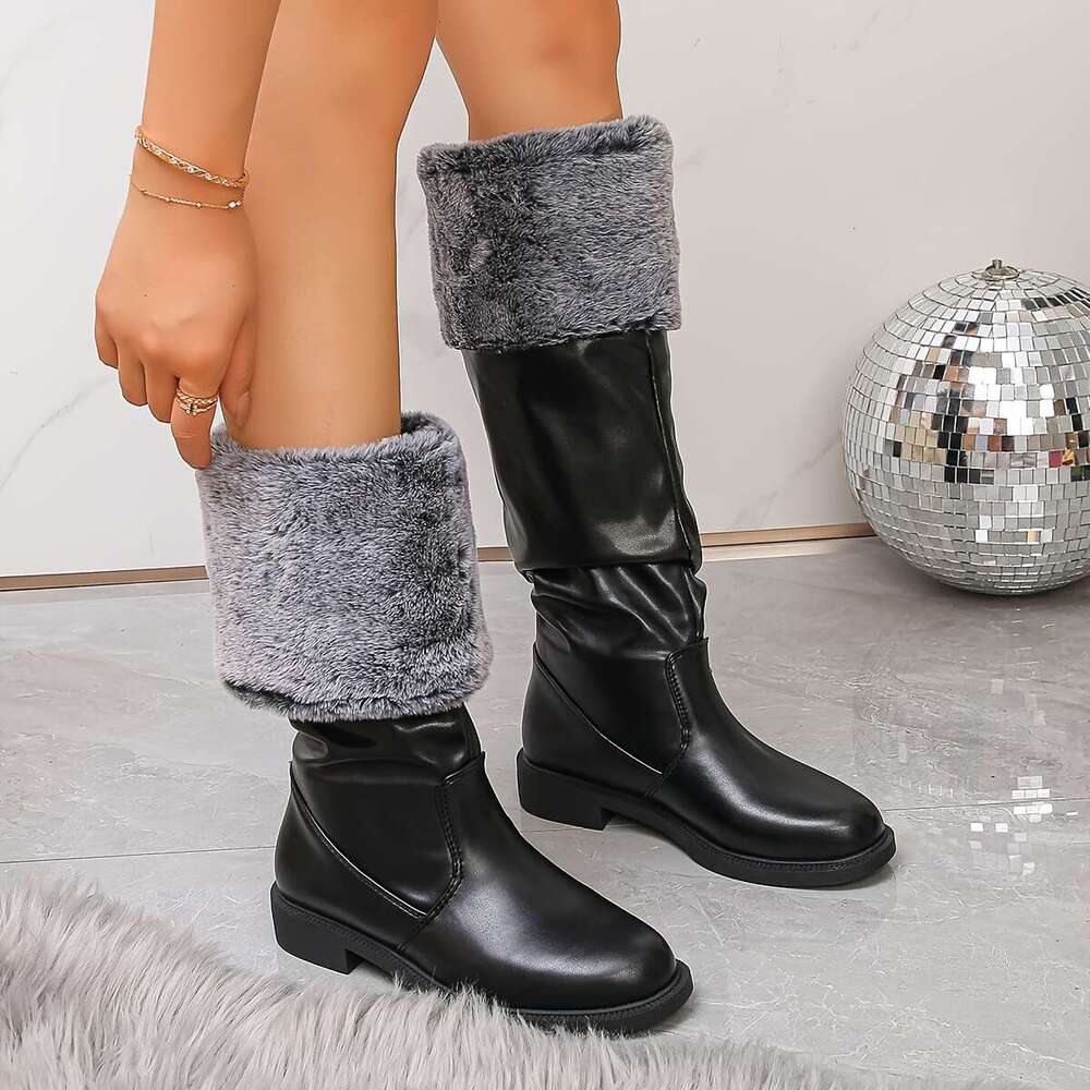 Women's Slip-On Knee-High With Rabbit Faux Fur Collar Elastic Round-Toe Flat Synthetic Cover Upper Rubber Sole Casual, Party, Wedding, Comfortabl