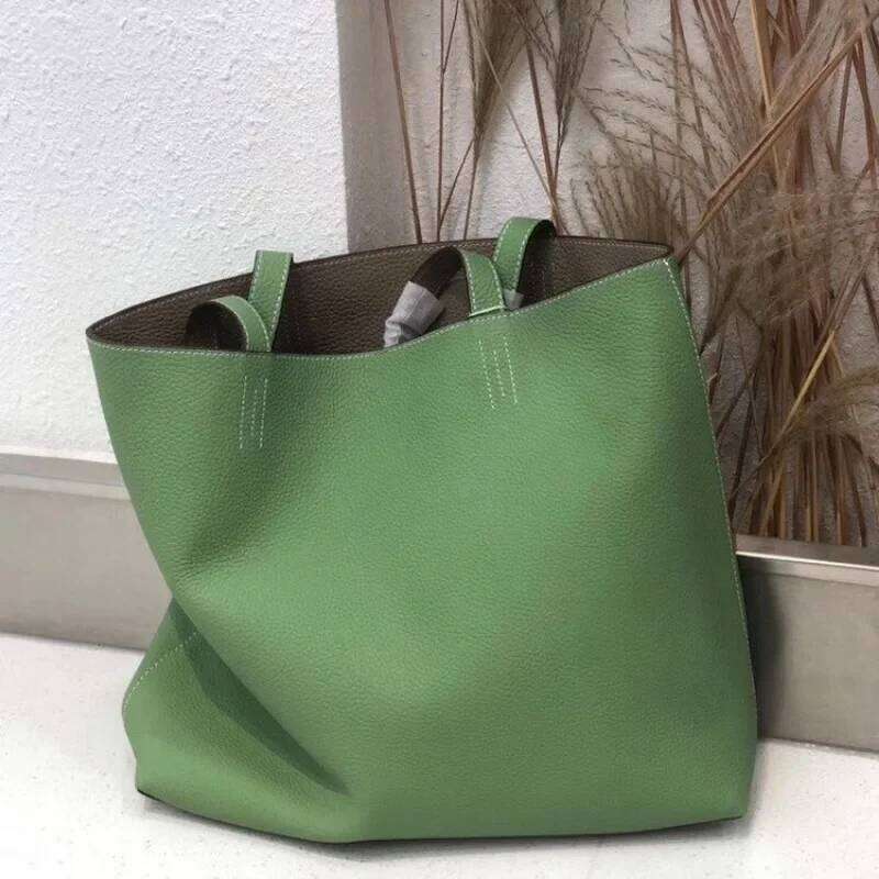 High Quality First-layer Cowhide Tote Double-sided Real Leather Shopping Women's Bag Vintage Casual Portable Large Capacity