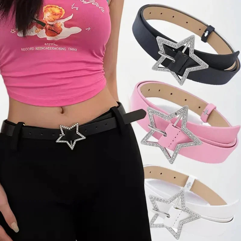 Y2K Pink Star Buckle Belt Women Y2K Elastic Binding PU Leather Waistband Sparkling Zircon Retro Full Drill Bride Decoration Gift 251010