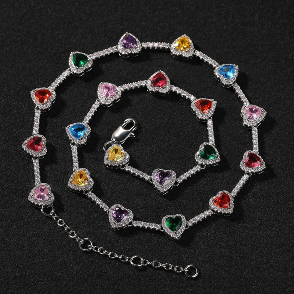 Colored 5A Zircon Love Heart Tennis Chain Necklace Bracelets 18K Gold Plated Jewelry