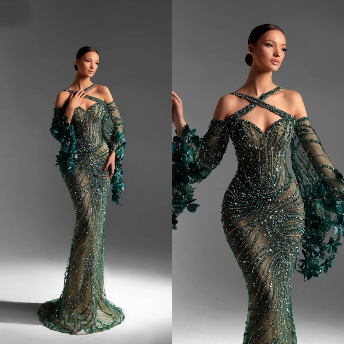 Modern Sequins Evening Dresses Beading Rhinestone Prom Dress 3D Flowers Illusion Mermaid Party Gowns Vestidos De Noche