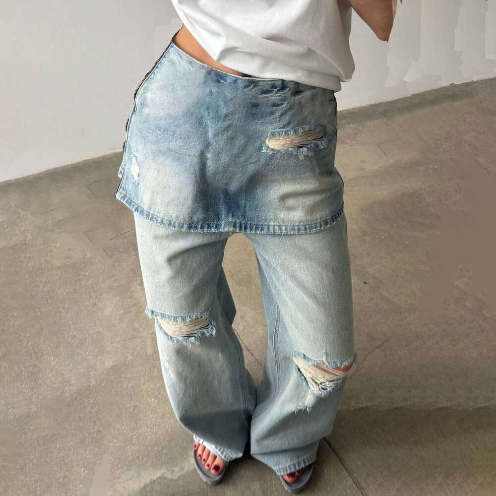 Fashion Side Zipper Fake Two-Piece Jeans Patchwork Washed High Waist Irregular Eight-Point Wide-Leg Autumn Winter B5