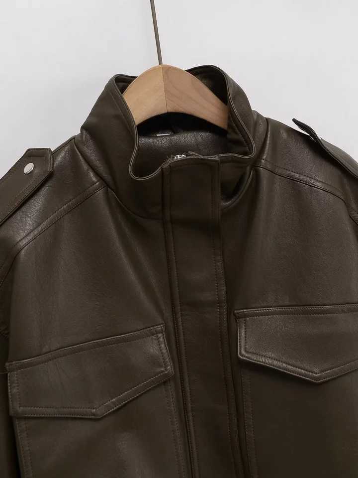 UNIZERA2025 autumn new womens retro large pocket workwear zipper stand collar imitation leather loose longsleeved short jacketT251017