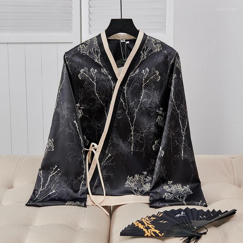 Women's Jackets Vintage Chinese Style Jacket Jacquard Acetate V-Neck Lace-up Top Celebrity Party Autumn Fashion Chic Cardigan Black Coat
