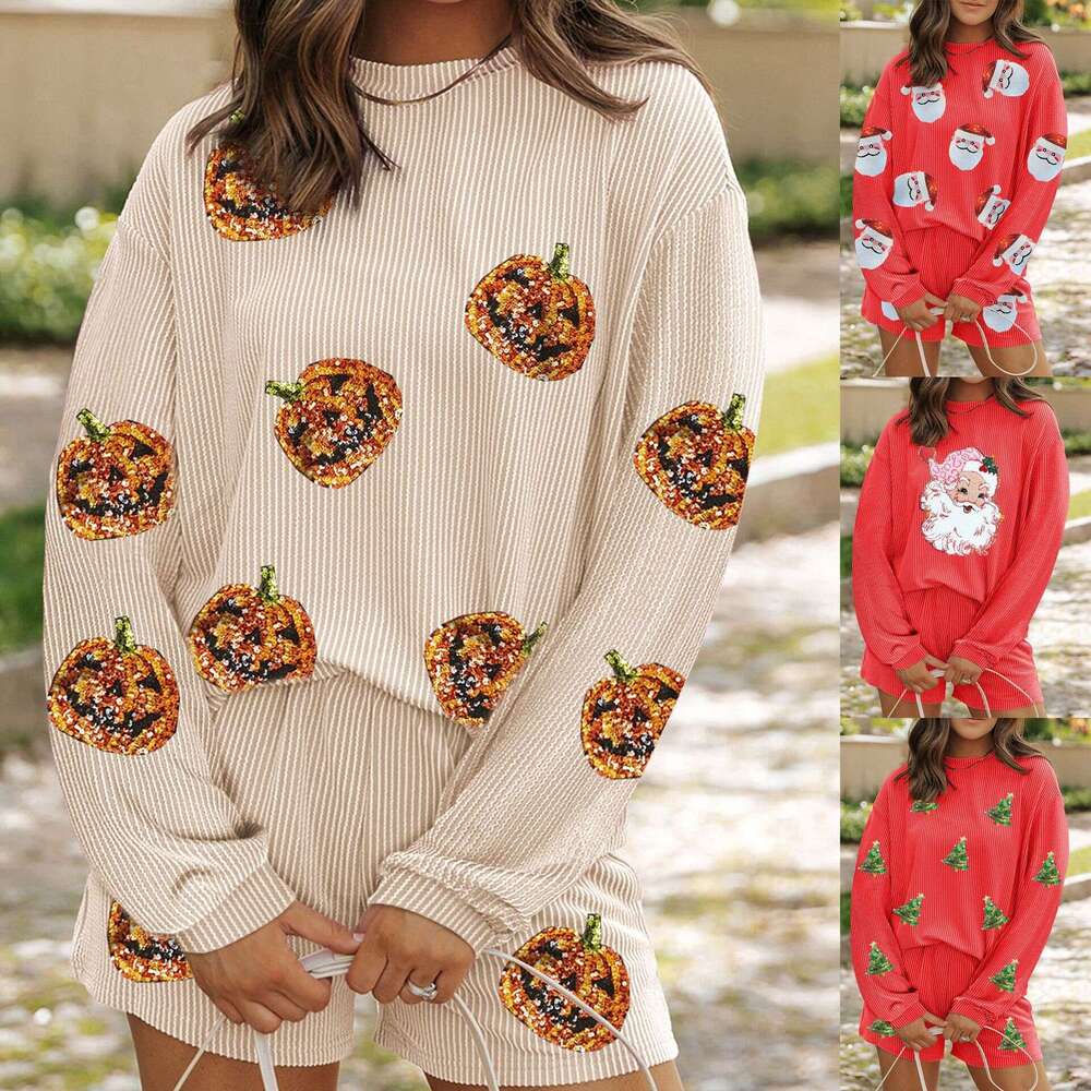 New Halloween Long Sleeve Top And Shorts Two-Piece Set B5