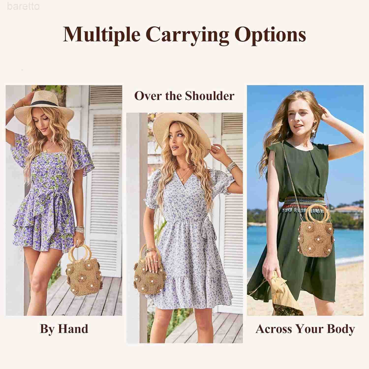 Straw Bucket Bag Flower Pearls Rattan Tote Bag Summer Beach Bag Woven Handbag Drawstring for Women Z251017