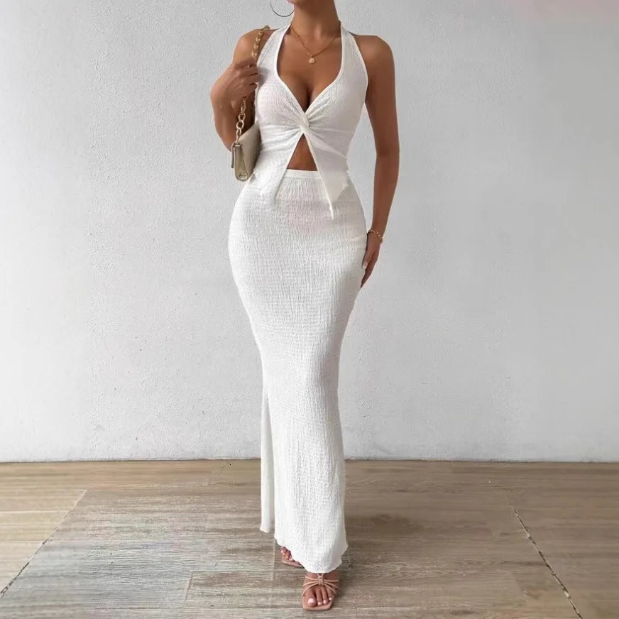 Fashion Women 2025 Summer Sexy Solid Color Hanging Neck Top Long Skirt Fashion Twopiece Set Tight And Elegant Twopiece Set 251017