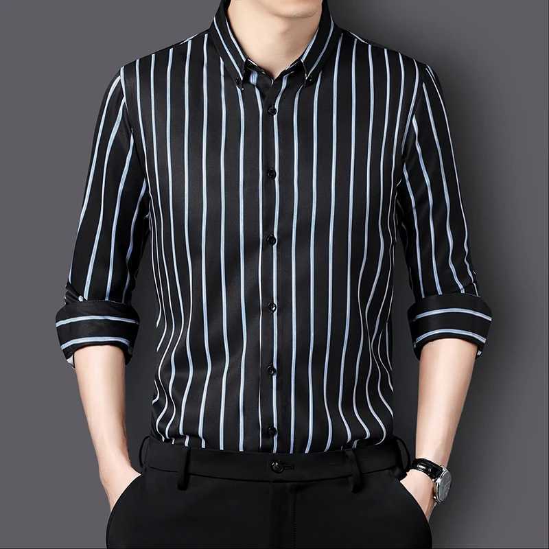 Fashion Stripe Stretch Mens Shirts Long Sleeve New AntiWrinkle Dress Shirts Male Button Slim Social Business Casual Shirt J251017