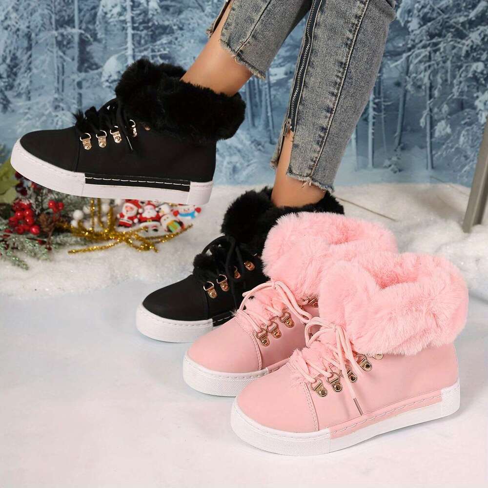 Women's Chunky PU Cover Upper With Faux Fur Thick Heel, Lace-Up Round Toe Ankle/Calf/Cuff Black, Pink, White, Brown, Grey, - TPR Sole Cold Weathe