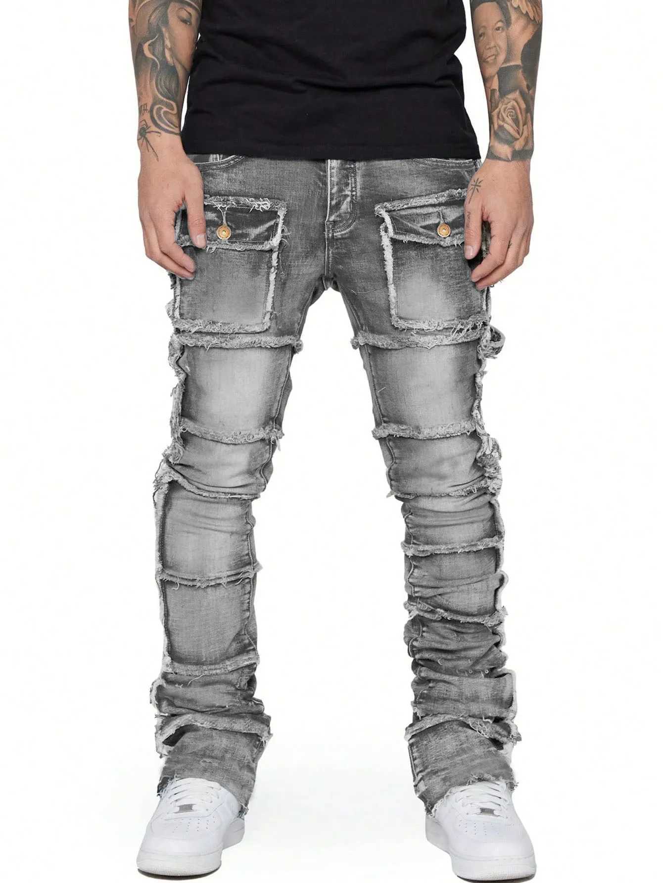 2025 New Trendy Men Jeans European and 1 Fashionable Workwear with Patch Elastic Laminated and Slightly Flared Men Den Y251105