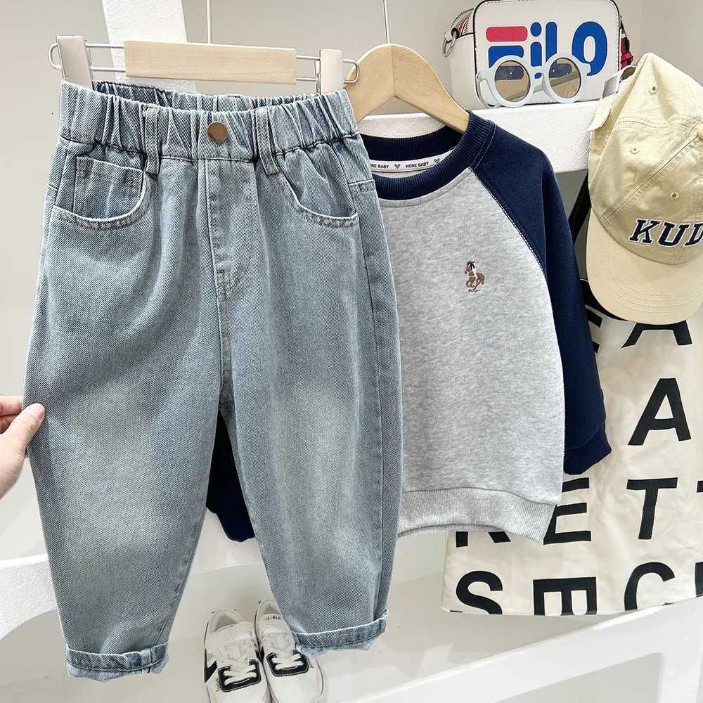Children 46Y Boys Jeans Autumn Solid Color Pocket Toddler Kids Boys Harem Pants Versatile Elastic Waist Teenager Boys TrouserT251017
