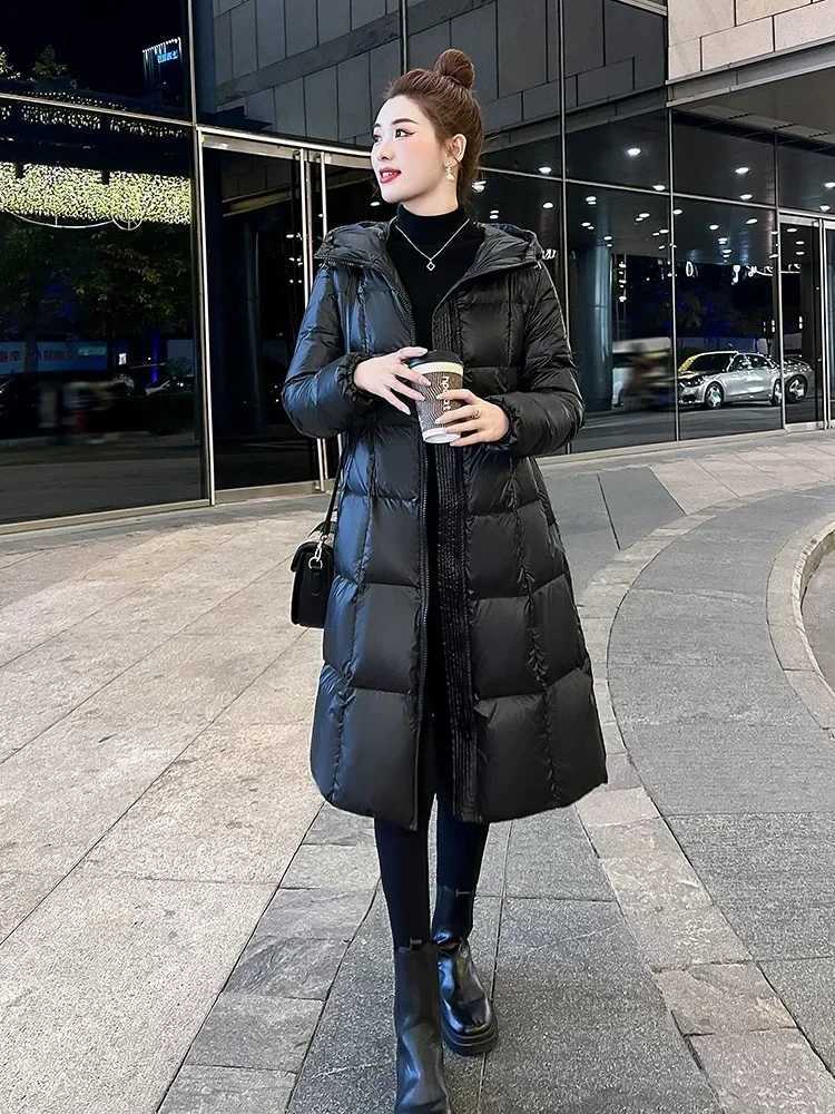 Womens Slim Waisted Hooded Puffer Jacket White Duck Down Medium Length Thick Warm Fashion Winter New 2024 W251016