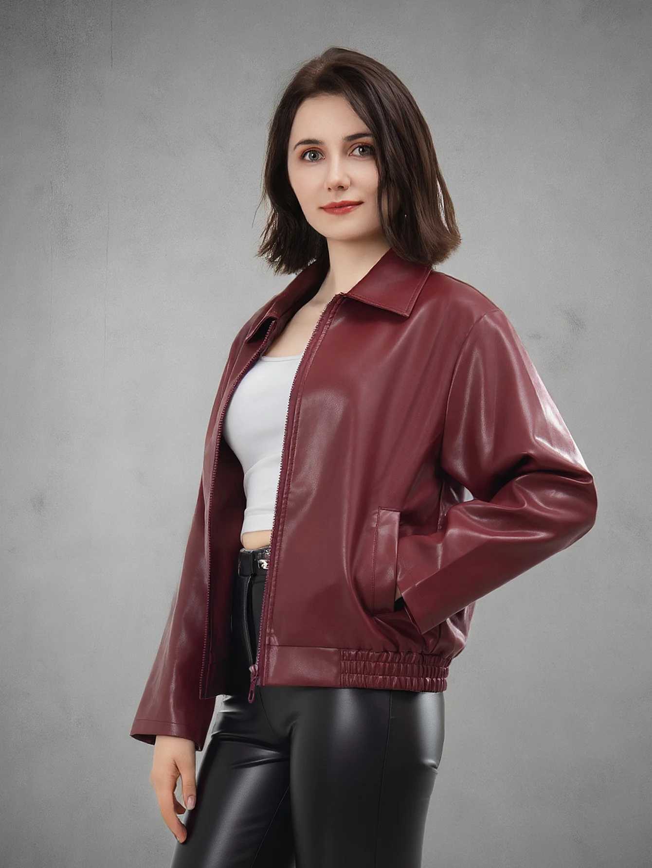 Womens Fashion Faux Leather Biker Jacket Zip Up Spring Autumn CoatT251017