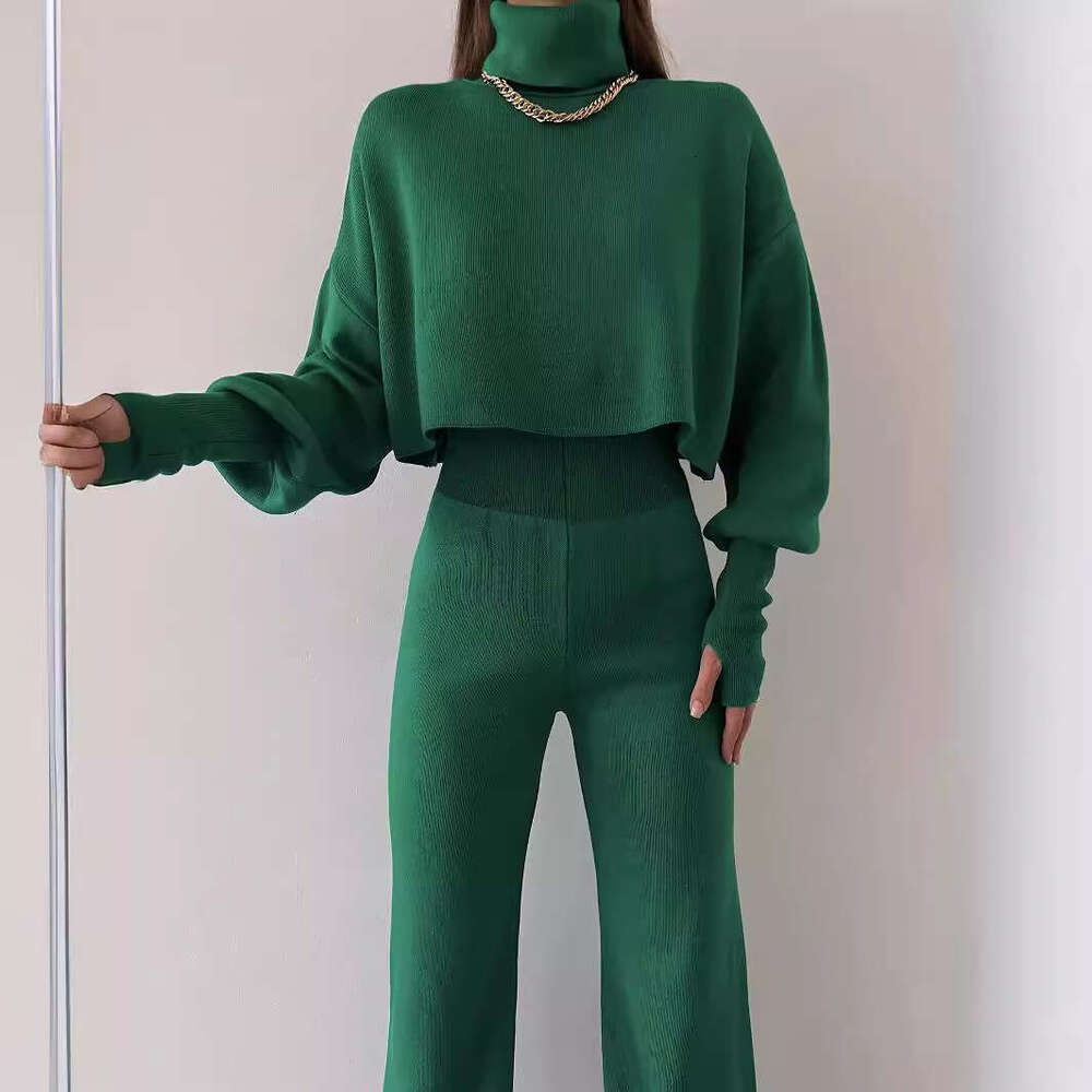 Women's Autumn Winter New Casual American Style Sweatshirt High Neck Loose Sleeve Long Pants Two-Piece Set B5