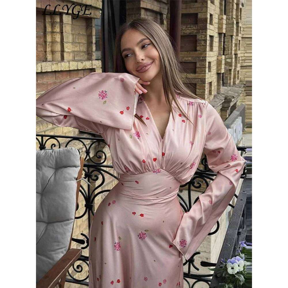 Elegant Printed Satin Long Dress Women Slim Lace Up V-neck Full Sleeve Pleat Dresses 2025 Autumn Lady Party Evening Robes New