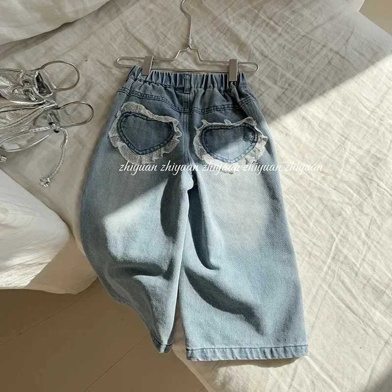 Girls Lace Straight Leg Jeans 2025 Spring Children Clothing Pants Children Korean Wide Leg Denim PantsT251017