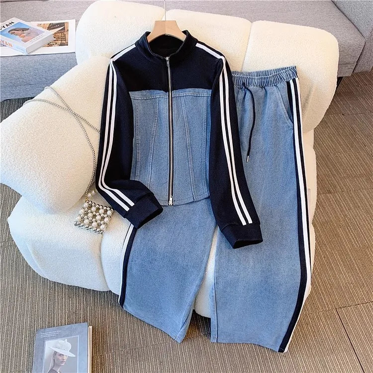 Pant Set Women Two Piece Sets Denim Splice Zipper Matching Sets Casual Coats Wide Leg Long Pants Lace Up Elastic Waist 2025251010