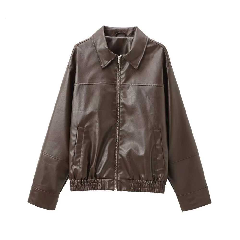 AutumnWinter New Product Casual Womens Fashion Simple Collar Long Sleeve Imitation Leather Pilot Jacket CoatT251017