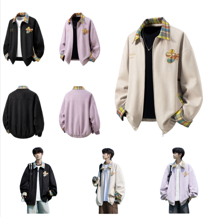 Men's Jackets Suede Embroidered Jacket Autumn Fashionable Trendy Brand Luxurious Design Hip-hop Casual Contrasting Colour Plaid Lapel Coat