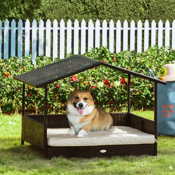 PawHut Wicker Dog Bed Outdoor Elevated with Rattan Canopy Cushioned PE Rattan Dog Cat House Sleeping Pad Cream
