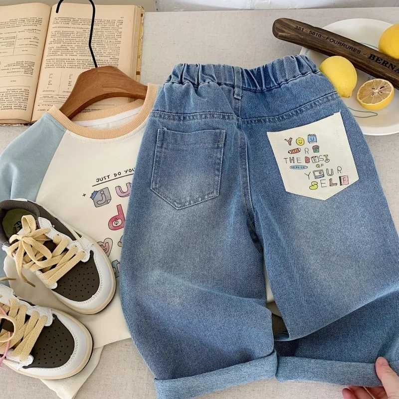 Kids Pants Boys Korean Childrens Pocket Clothing 2025 Spring New Trousers Straight Wide Legs Jeans Spring New High Quality1 2 3T251017