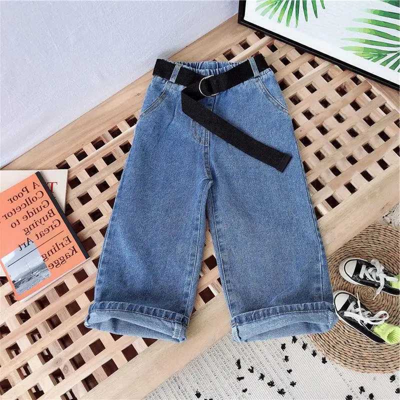 New Girl Denim Trousers Children Jeans for Girls Autumn Solid Color Elastic Waist Loose Denim Jeans Wide Leg Pants for Teen KidsT251017