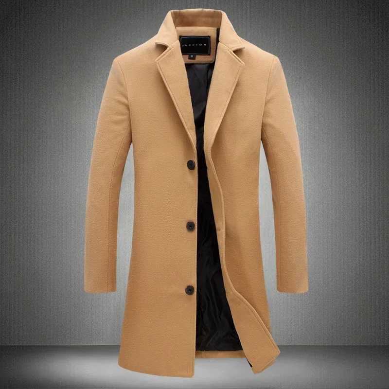 2025 Autumn Winter New Wool Men Long Cotton Coat Blend Pure Color Casual Business Fashion Slim Windbreaker Jacket Men Clothing J251017