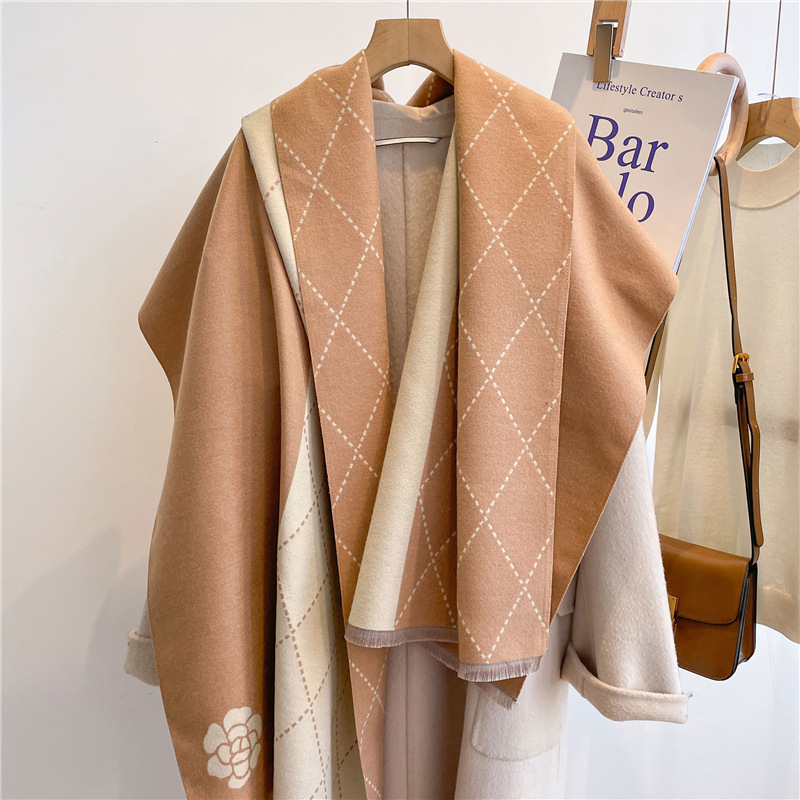 Scarves Designer Warm camellia Autumn Winter New Color Block Tassel Scarf for Women Thickened Shawl Fashion
