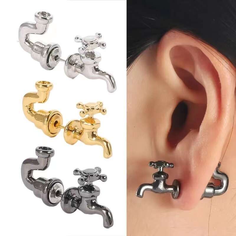 Novelty Faucet Shaped Stud Earrings New Fashion Exaggerated Three-Color Faucet Personality Creative Detachable Stud Earrings