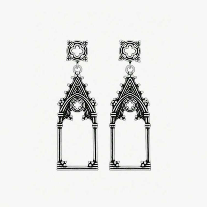 Vintage Gothic Cathedral - Shaped Dangle Earrings - Silver - Tone Architectural Ear Jewelry Wind Hollow Castle Personality Creative Exaggerated Cross 