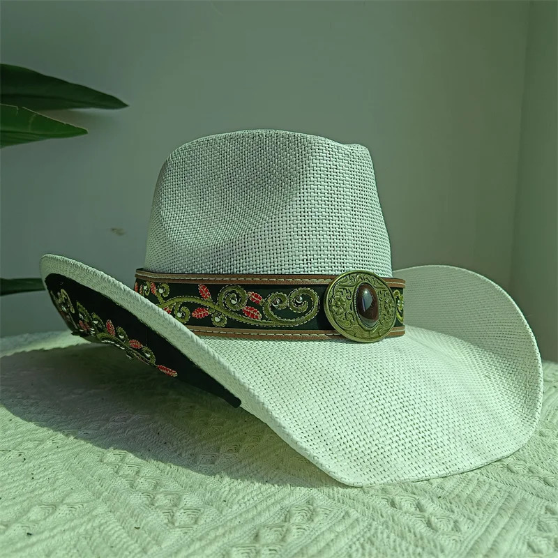 Western cowboy straw hat embroidery applique 2025 cowboy hat men and women sun hat summer brim hat sombrero 251015