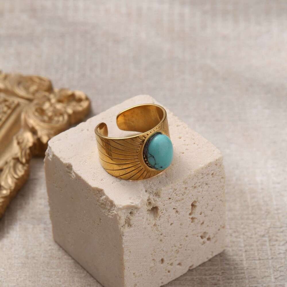 Stainless Steel Oval Blue Turquoise Gold Plated Ring Jewelry Vintage Style Rings for Women ddmypluto