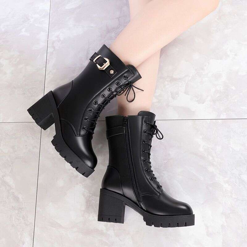 Boots Women's Spring And Autumn Single 2021 New Martin Thick High Heels Winter Shoes Mid Tube Plus Veet Mother's Short Boots