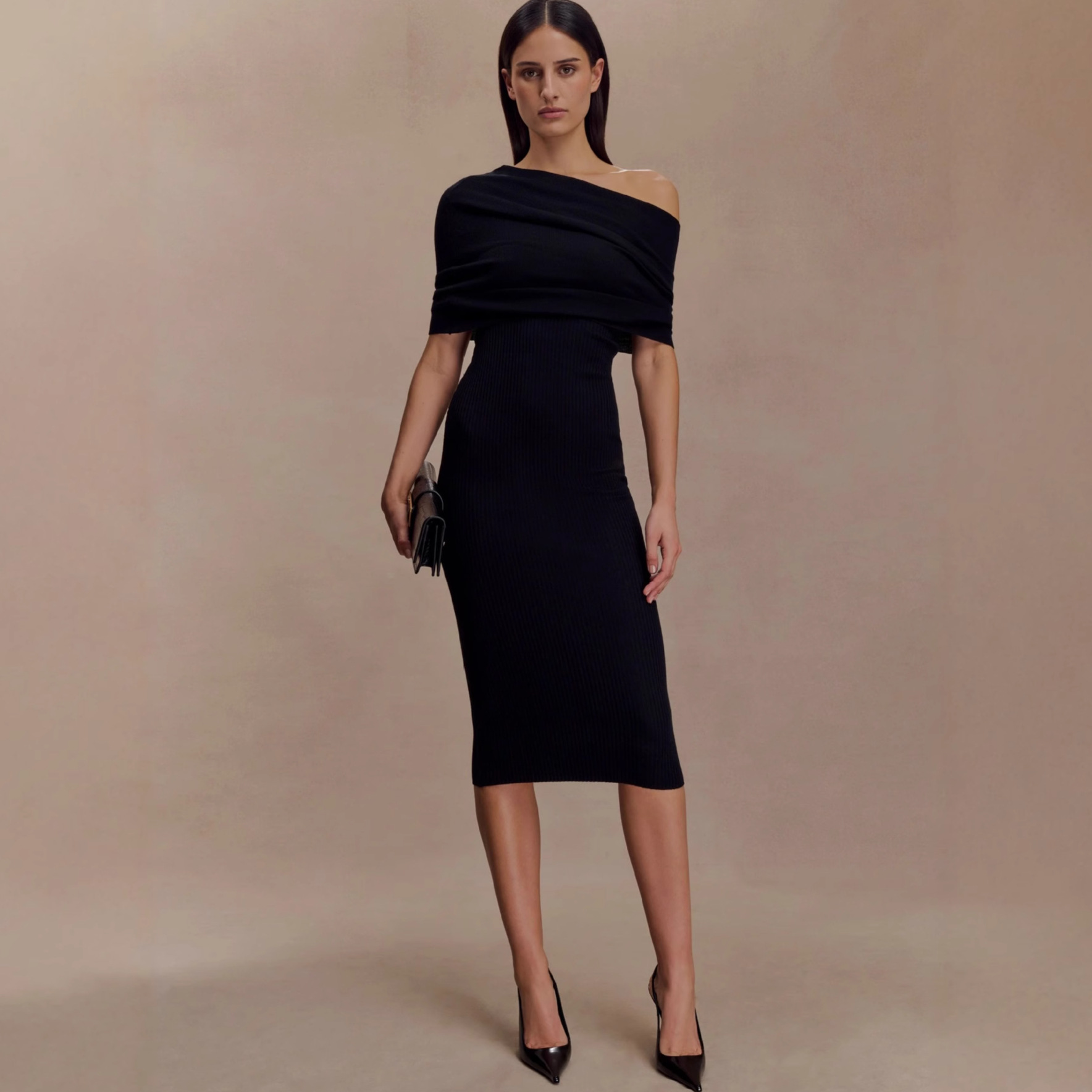 D2600 New Sexy Knitted Hip-wrapped Long Skirt Slim Fit Solid Color One Shoulder Dress Women