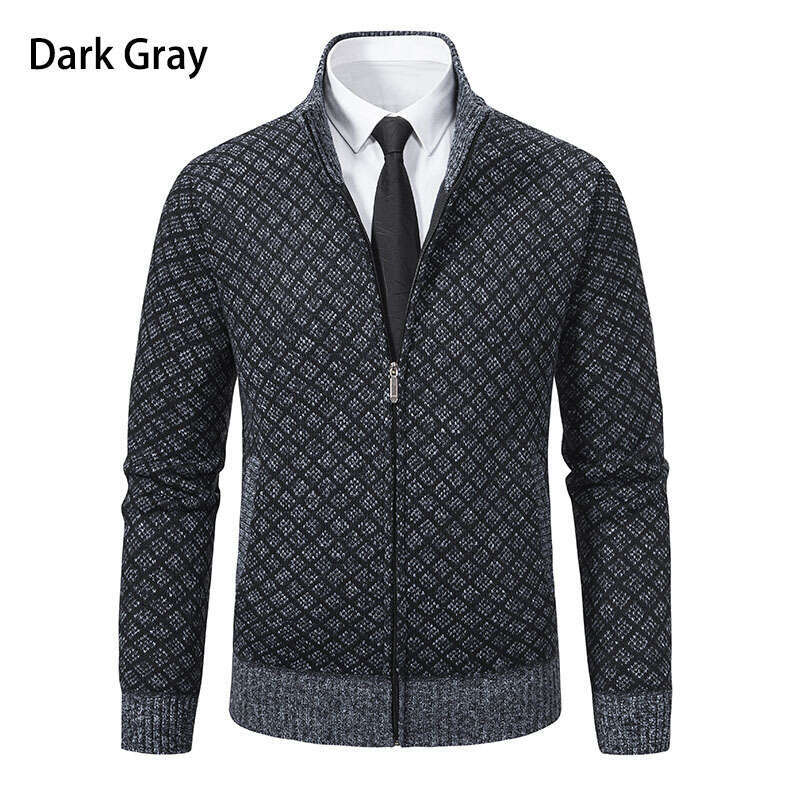 Autumn Winter Fashion Plaid Jacket Coat Men's Trendy Stand Collar Slim Fit Long Sleeve Casual Knitwear B5