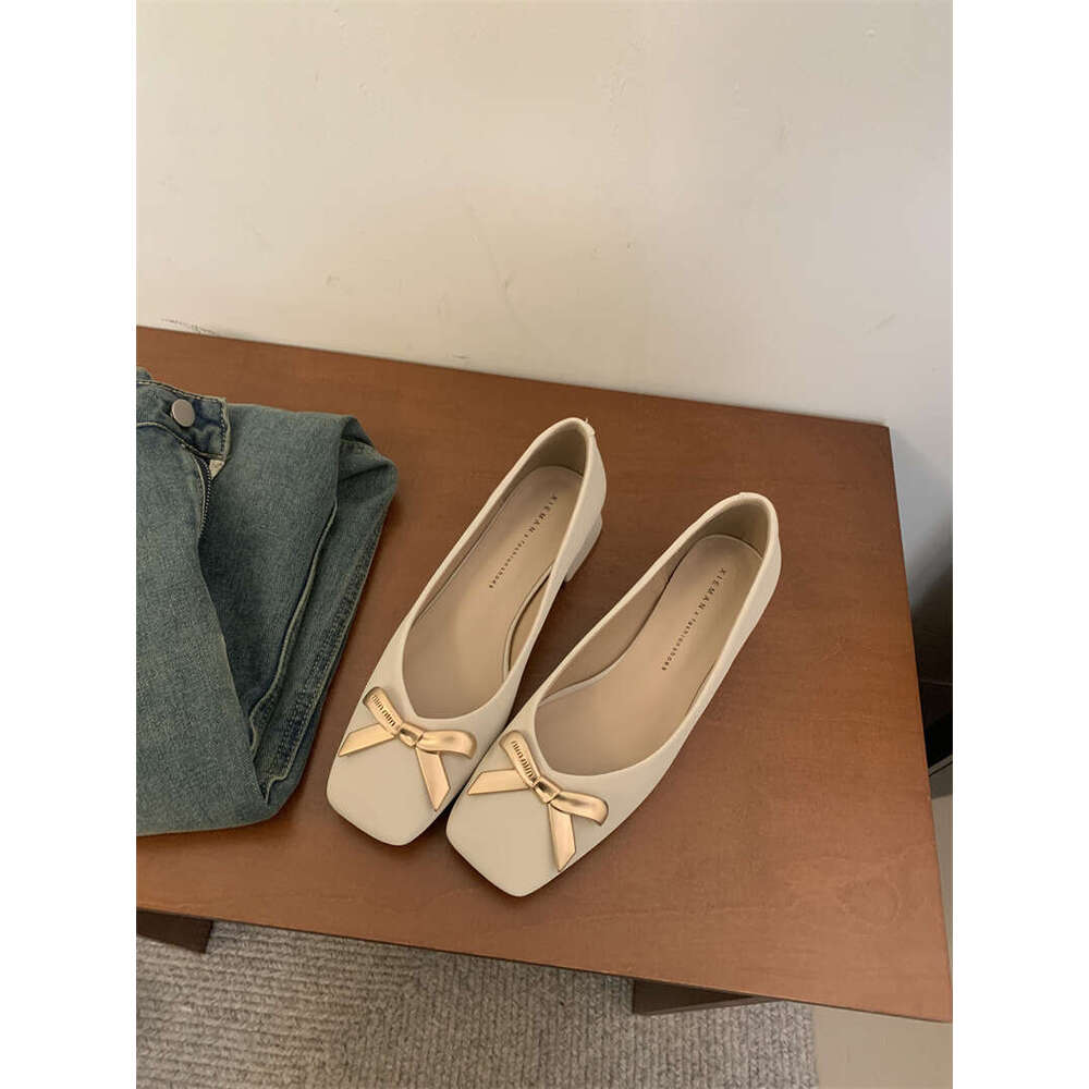 2025 Spring Autumn Women's Designer Shoe - Black French Style Bow Metal Square Toe Shallow Mouth Chunky Heel Work Shoes