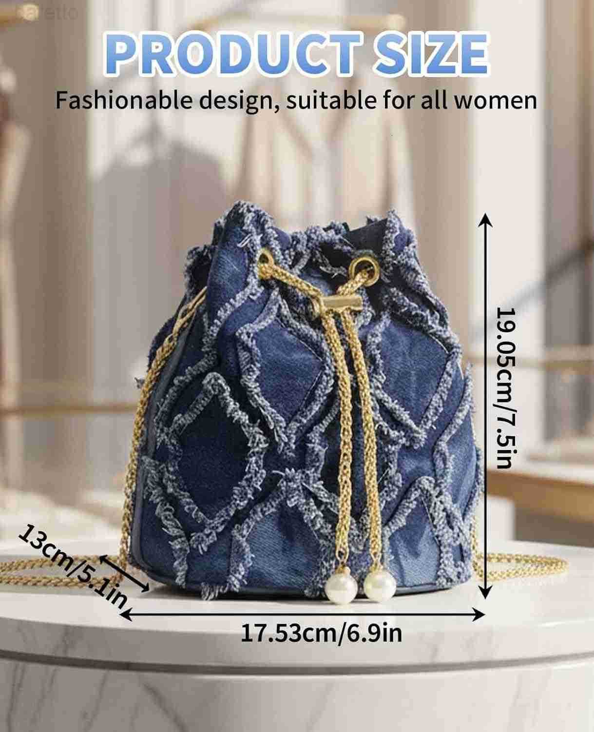 Jean Purses for Women Denim Quilted Drawstring Crossbody Bags Bucket Blue Z251017