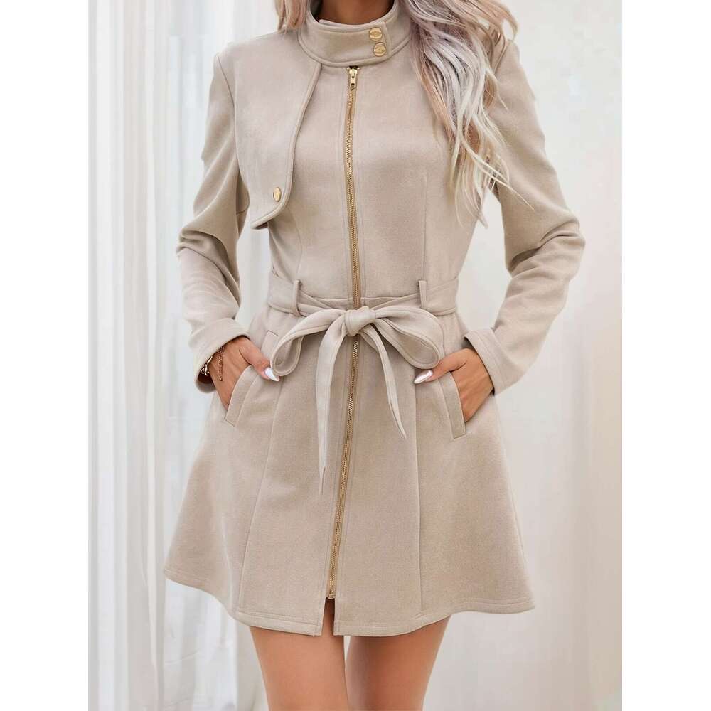 Women's Elegant Beige - Middle Eastern-Inspired Round Neck Trench Coat With Front Zipper Bow Detail, Hine Washable Spring/Fall Outerwear For Casu